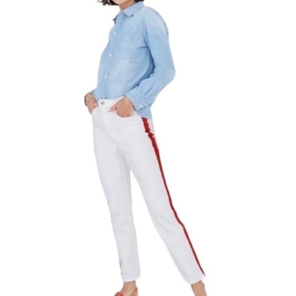 Madewell‎ slim straight Stovepipe tuxedo stripe  red Jeans in Tile White Sz 25